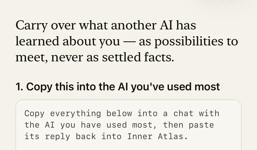 The real Bring in a memory flow in Inner Atlas, with the export prompt, assistant choice, and paste field.