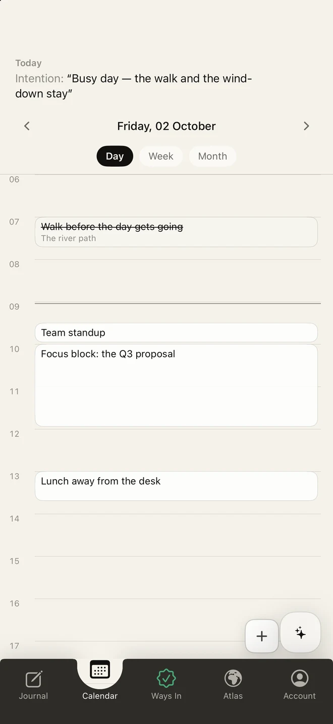 The Calendar day view in Inner Atlas, with the day's intention at the top, a finished morning walk, and the day's scheduled blocks.
