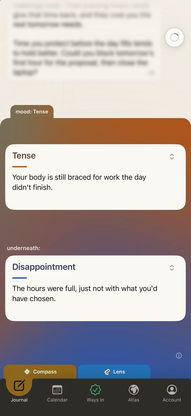 A mood reading open in Inner Atlas: Tense on the surface, with Disappointment underneath, each with one sentence.