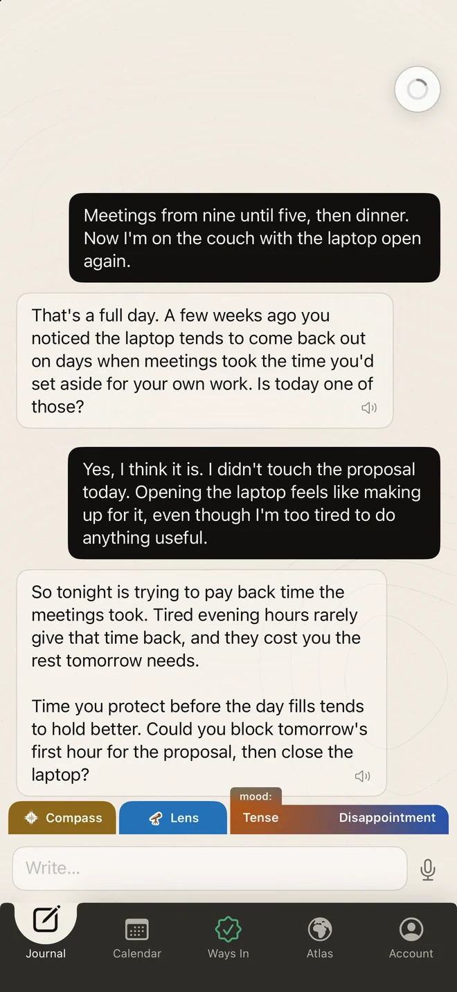 A real Inner Atlas journal conversation on iPhone, with two reflective replies above the Compass and Lens tools and the bottom navigation bar.
