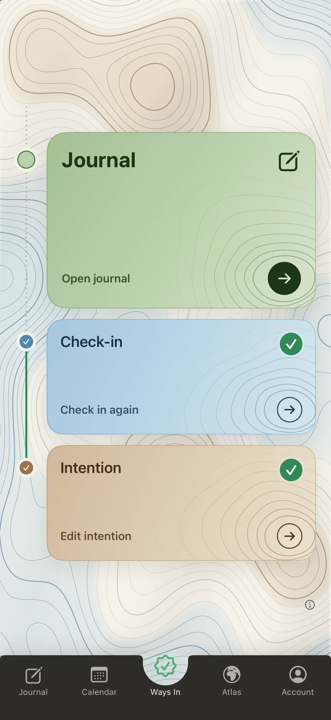The Ways In screen in Inner Atlas: three stacked cards for Journal, Check-in and Intention, with Check-in and Intention ticked.